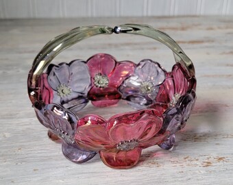 Vintage Pink Purple Pansies Candy Dish with Handle