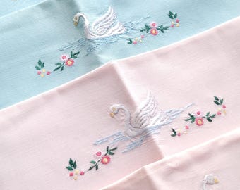 4 Small Vintage Pink & Aqua Blue Embroidered Swan Pillow Case Covers Lot