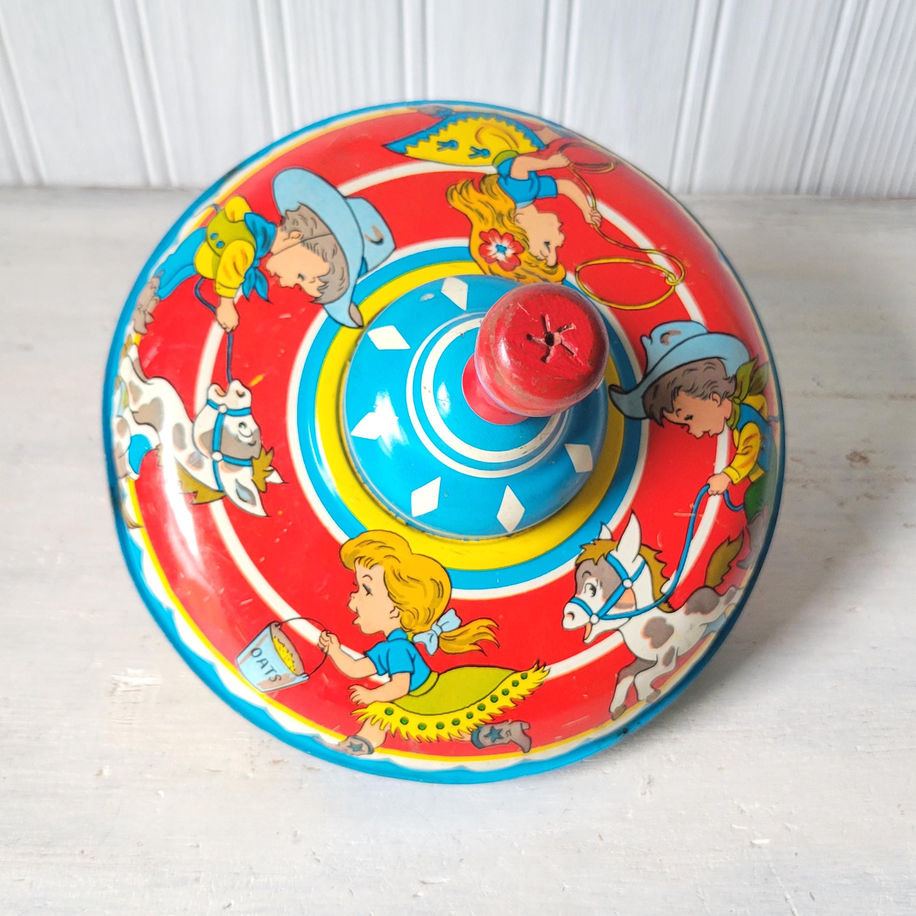 Vintage Colorful Tin Toy Spinning Top with Cowboys Ohio Art