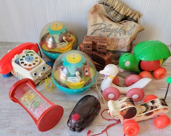 Vintage Blow Mold Fisher Price Baby Toys Blocks Lot Telephone Child Guidance Rattle
