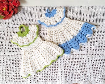 Vintage Handmade Crochet Doll Dress Potholders - Set of 2