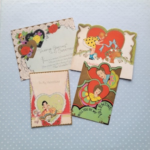 4 tarjetas de San Valentín infantiles vintage Art Deco
