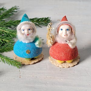 2 Vintage Cardboard Chenille Putz Christmas Elf Elves Japan