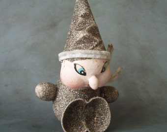 Vintage German Paper Mache Elf Christmas Ornament with Glitter