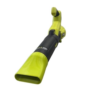 May include: A cordless leaf blower in a bright yellow-green and black colour scheme. The blower has a long nozzle and a handle with a trigger. The text "ONE+" and "BRUSHLESS" is visible on the body of the blower.