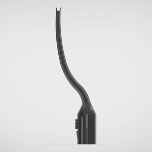 May include: A black, curved object with a cylindrical base and a slender, arched top. The object has a smooth, glossy finish and appears to be made of a solid material. The base has a rectangular shape with a small, protruding element.