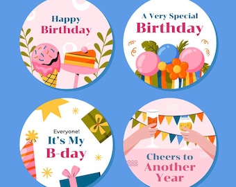 Autocollants de fête d'anniversaire personnalisables en téléchargement numérique | Étiquettes d'anniversaire imprimables | Stickers pour gâteaux, ballons et acclamations | Décoration de fête