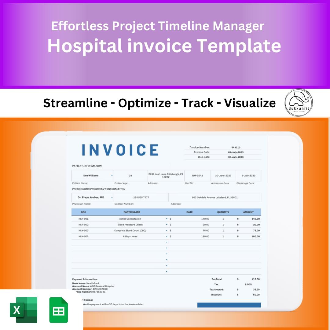 Editable Hospital Invoice Template Easy to Use Google Sheets Digital ...