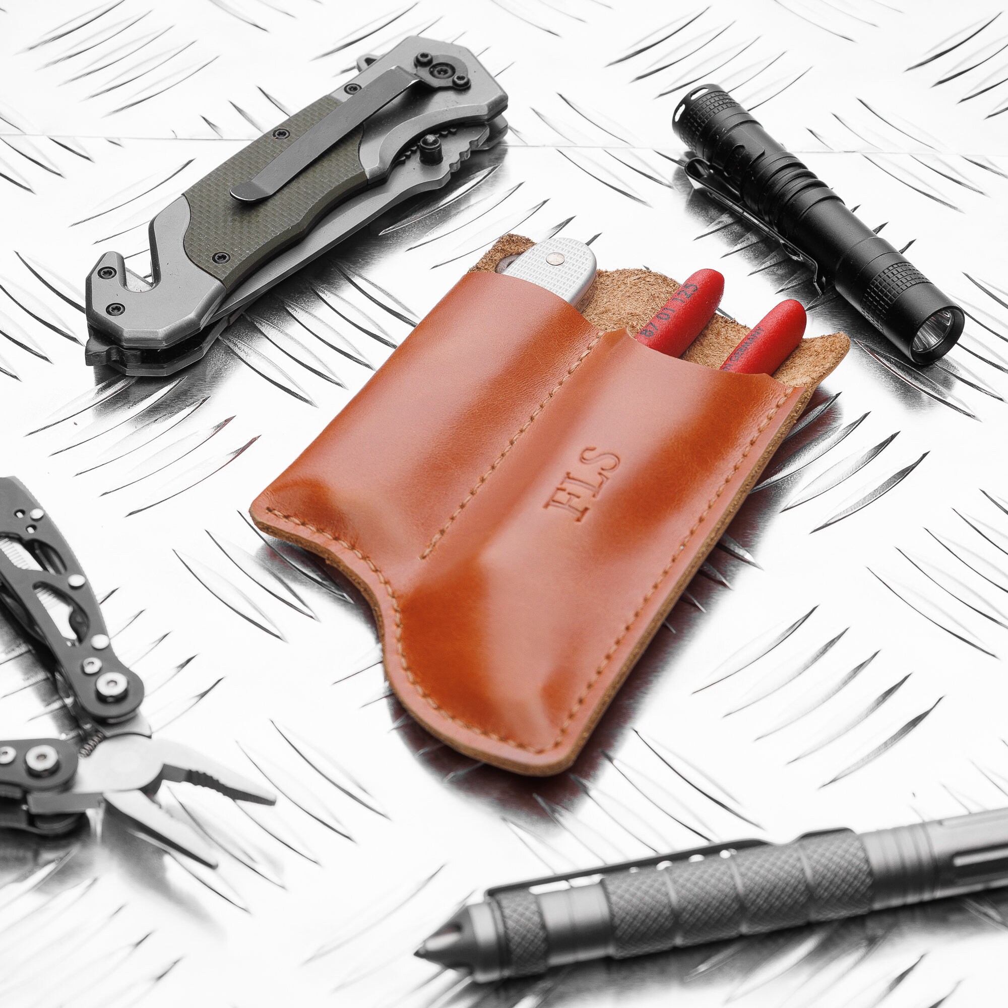 Leather EDC Gear Pouch, Knipex Cobra 125 & SAK Holder, Flashlight