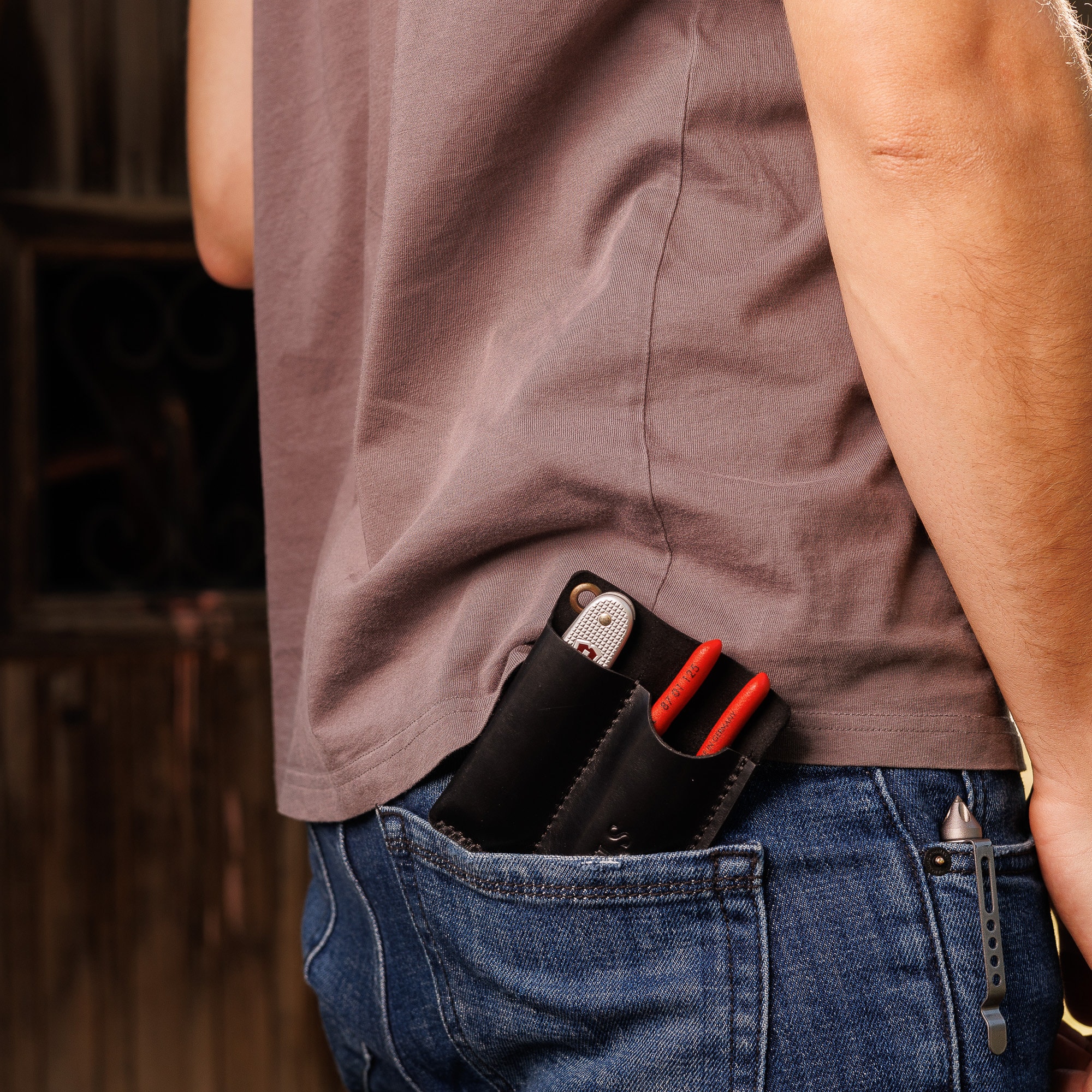 Leather EDC Gear Pouch, Knipex Cobra 125 & SAK Holder, Flashlight