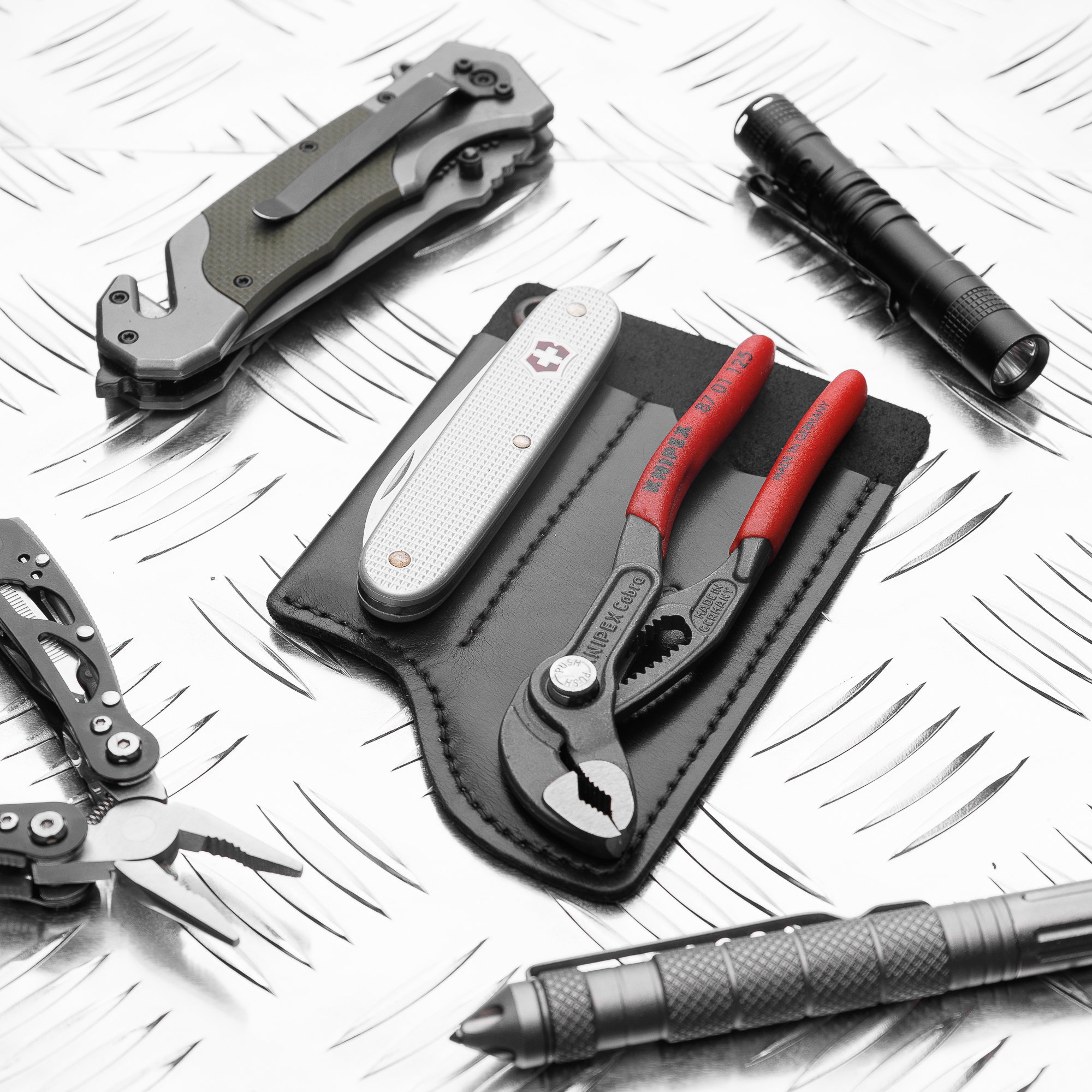 Leather EDC Gear Pouch, Knipex Cobra 125 & SAK Holder, Flashlight