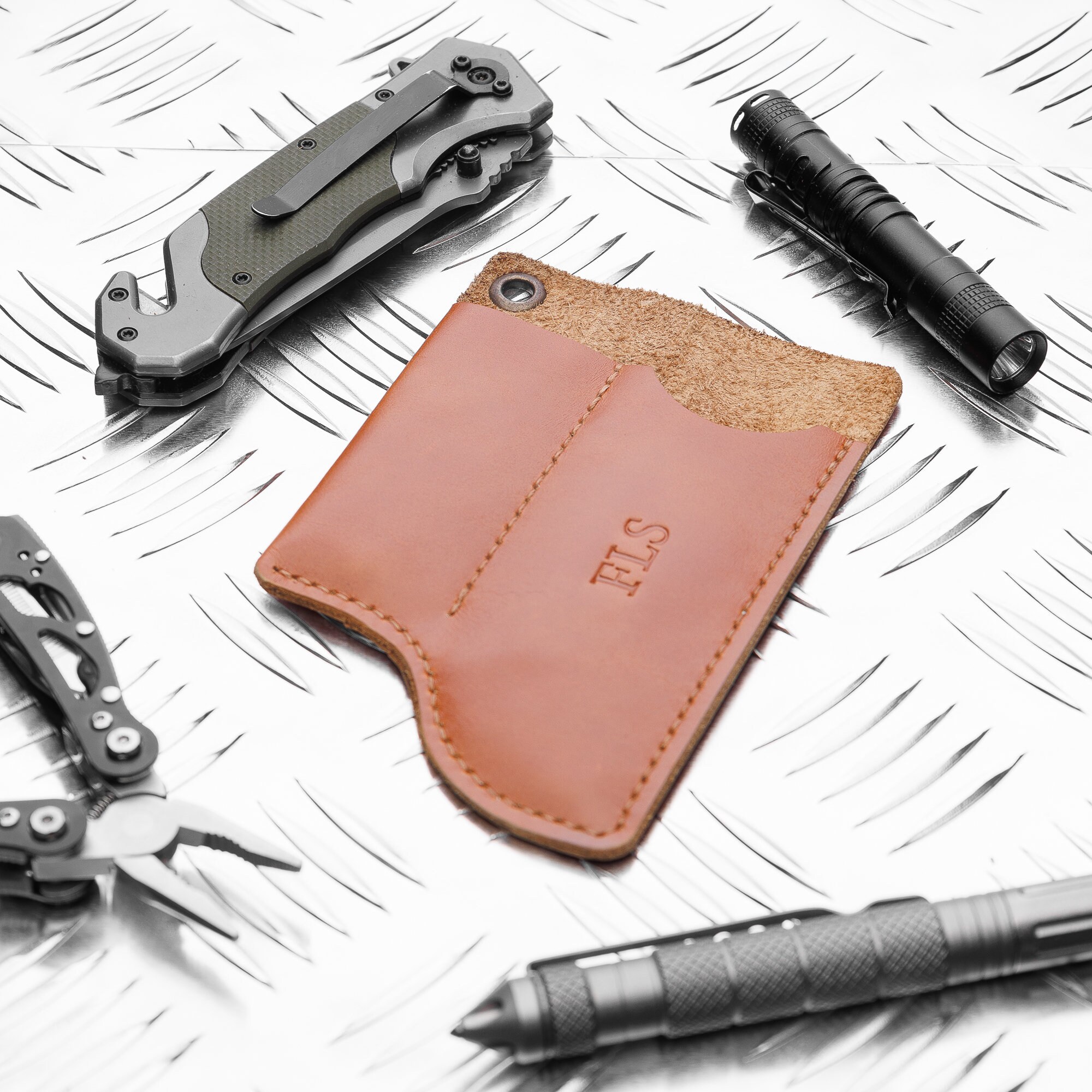 Leather EDC Gear Pouch, Knipex Cobra 125 & SAK Holder, Flashlight