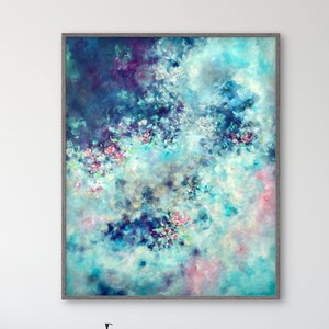 Abstract flowers against a blue cloudy sky. An original art print for a serene and cozy decor.