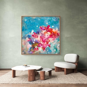 Impression d&#39;art floral abstrait (2 sur 3) Décoration murale botanique bleue, rose et rouge