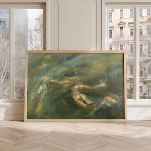 Frau Tauchend Öl Gemälde: Grünes Meer Kleine Archivierung Papier Wand Kunst