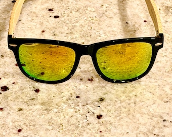 Suthern Mudd Frost Yellow Mirror Sunglasses, Hand-Carved Bamboo Arms, UV400 Protection