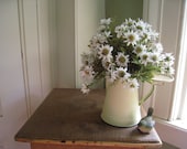 Artificial White Yellow Daisy Arrangement In A Vintage Small Pale Yellow Green Enamel Coffee Pot W Ceramic Bird