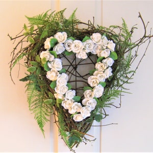 Medium 16&quot;Long Wild Twig Heart Wreath w/White Mini Roses/Ferns/Wedding Wreath/Valentine Door Wreath