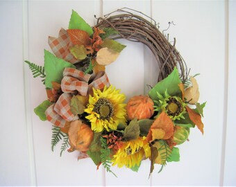 Beautiful Fall 16"Door Wreath With Orange Buffalo Checked Ribbon, Rust/Gold Leaves, Sunflowers and Sparkling Gourds