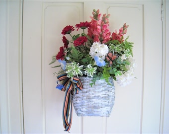 Large Hanging Door Basket W/Pink Silk Foxgloves, Hydrangeas, Blue Morning Glories-22" Tall