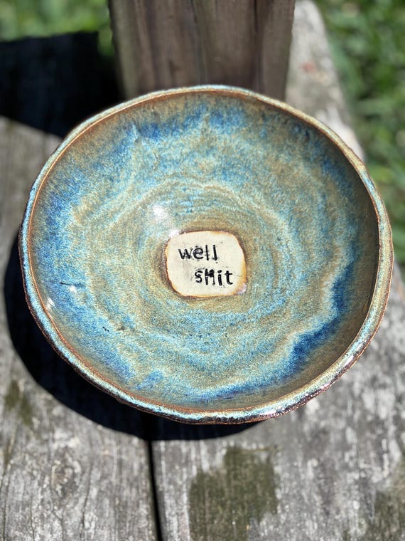 A wheel-thrown pottery bowl stamped with 'Well Shit' — the perfect handmade catch-all for when life doesn't go to plan.