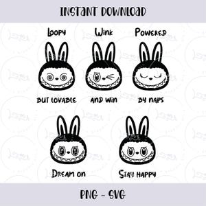 Labubu bundel svg png, set 5 griezelige schattige labubu gezichten, kawaii spookachtig konijn ontwerp, labubu svg pack, schattig monster digitale download
