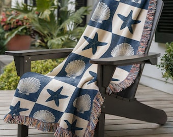 Coastal Woven Throw Blanket Nautical Cotton Beach House Decor Seashell Starfish Design Blue Theme Bedroom Textile Ocean Style Cottage