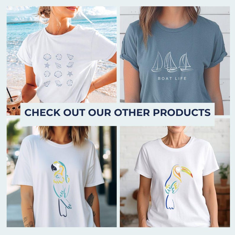 May include: Four different t-shirt designs featuring various graphic prints. The first shirt has a white background with a blue seashell pattern. The second shirt has a blue background with a white sailboat graphic and the text "Boat Life". The third shirt has a white background with a colorful parrot graphic. The fourth shirt has a white background with a colorful toucan graphic.