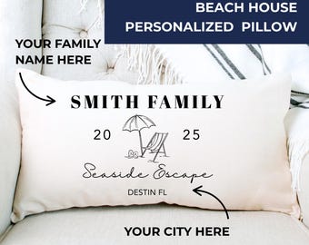 Custom Beach House Lumbar Pillow: Coastal Family Name Decor