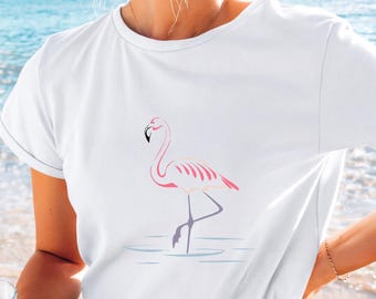 Pink Flamingo Tshirt Tropical Design Summer Vacation Beach Outfit Coastal Style Minimalist Bird Graphic Tee Cotton Top Lightweight Wear