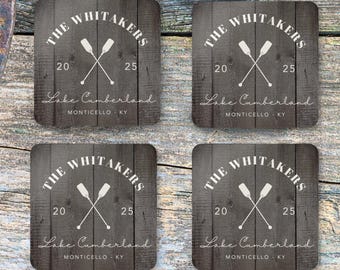 Personalized Lake House Coaster Set of 4 Rustic Woodgrain Cabin Decor