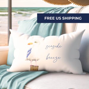 Seagull Watercolor Lumbar Pillow: Coastal Beach House Decor