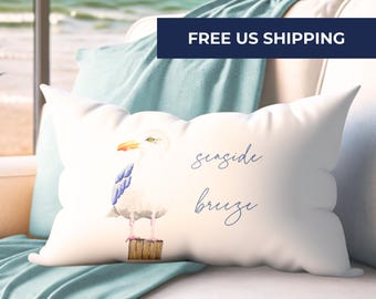 Seagull Watercolor Lumbar Pillow: Coastal Beach House Decor
