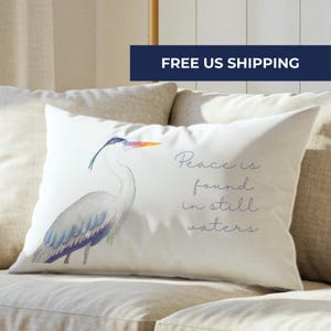 Watercolor Blue Heron Lumbar Throw Pillow with Peace Is Found in Still Waters Quote Coastal Bird Decor Beach House Nature Inspired Cushion