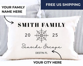 Personalized Ship Wheel Pillow: Custom Family Name Coastal Decor