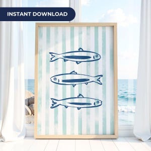 Minimalist Teal Sardines Wall Art Coastal Airbnb Decor Digital Download Modern Ocean Theme Bathroom Print Beach House Modern Summer Wall Art