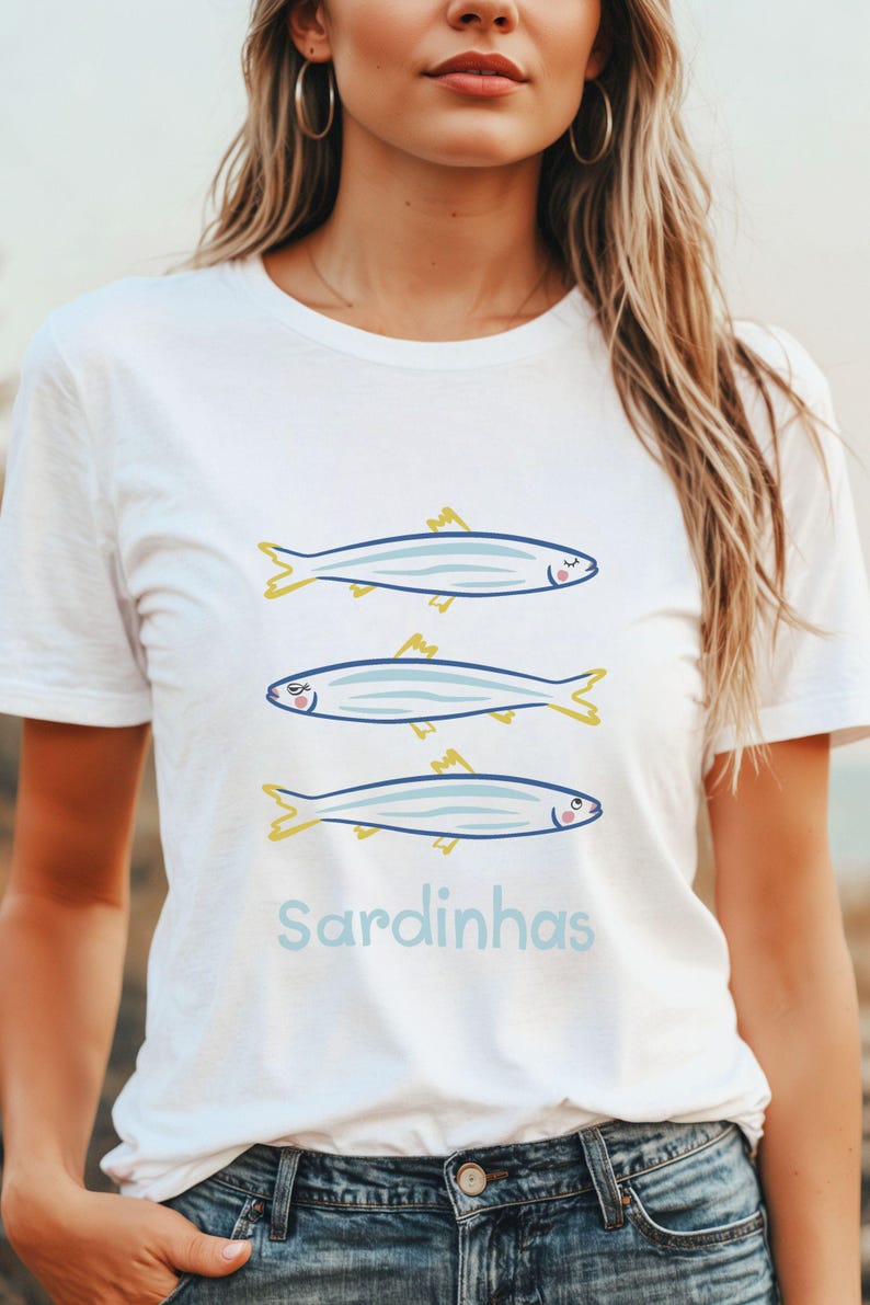 A playful and stylish sardine illustration featuring three charming sardines with girly expressions, outlined in bold colors. Perfect for ocean lovers, seafood fans, and those who appreciate quirky, artistic designs.