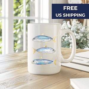 Coastal fisherman coffee mug Watercolor sardine beach house kitchen decor Nautical sea life mug Ocean lover gift for fisherman or foodie