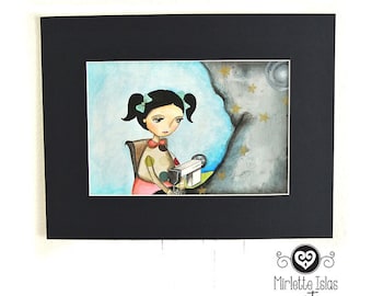 Sewing the sky - Original Mixed Media (8 x 5 inches) Professional matted / whimsical art / original painting /