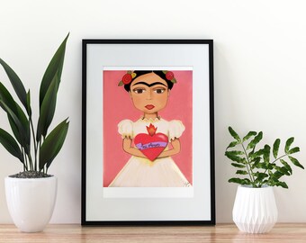 Frida Kahlo with a Sacred Heart / Mexican art / print on glicee canvas / print of original art / mexican folk art / wall art / wall print /