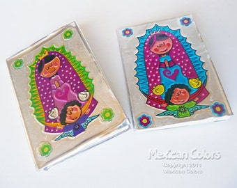 Virgen de Guadalupe, Hand embossed metal mini prayer book. Ideal for favors