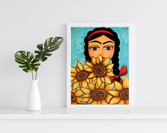 Frida with sunflowers - PRINT (8 x 10) - Giclee Print from original painting / mexican folk art / print on paper / mexican decor