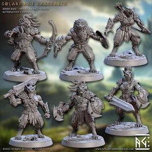 May include: A collection of six gray Solarmane Rakshakin miniature figures. Each figure is posed in a dynamic stance, armed with weapons such as swords, bows, and shields. The figures are on 30mm bases and are modular with ball-joints.