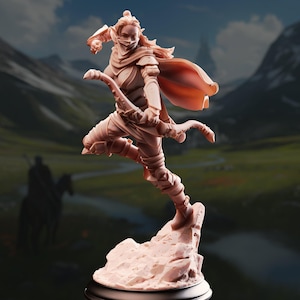 May include: A detailed figurine of an archer in a dynamic pose, poised on a rocky base. The archer is clad in armor and a flowing cape, holding a bow. The figure is a light peach color, set against a blurred landscape background.