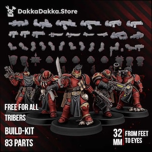 May include: A set of 83 miniature plastic parts for building sci-fi warrior figures, including five assembled red-armored soldiers with helmets, capes, and weapons. The text reads DakkaDakka.Store, FREE FOR ALL TRIBERS BUILD-KIT 83 PARTS, and 32 MM FROM FEET TO EYES.