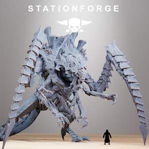 May include: A large, gray, detailed miniature of a monstrous creature with multiple limbs, sharp claws, and a menacing expression. The word "STATIONFORGE" is at the top, with a skull logo. A small figure is at the bottom.