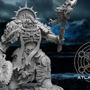 May include: A detailed, gray miniature figure of a warrior in ornate armor, holding a weapon and shield. The figure has a skull motif and is set against a dark, stormy background. The logo for Atlan Forge is in the lower right corner.