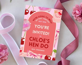 Puede incluir: Tarjeta de invitación rosa y roja con cerezas, una bola de discoteca y un pastel. El texto dice "We're going to Ibiza! Sat 17th - Mon 21st July 2026 You're Invited! To Chloe's Hen Do RSVP: 07654236522"