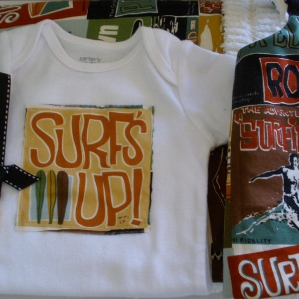 Surfer Boy Gift Set- Blanket, Bodysuit, Bib and Binky Leash