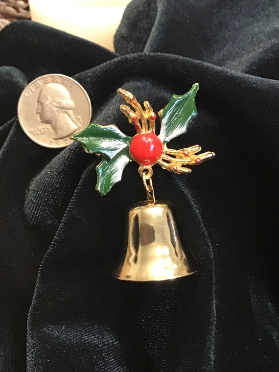Vintage Christmas Jingle Bell Pin | Gold Enamel B… - image 3